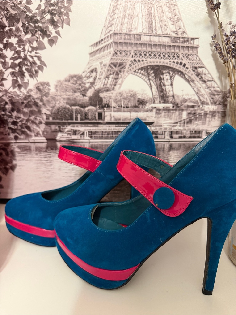 Local European Teal Suede Mary Jane Platform Heels with Hot Pink Accents